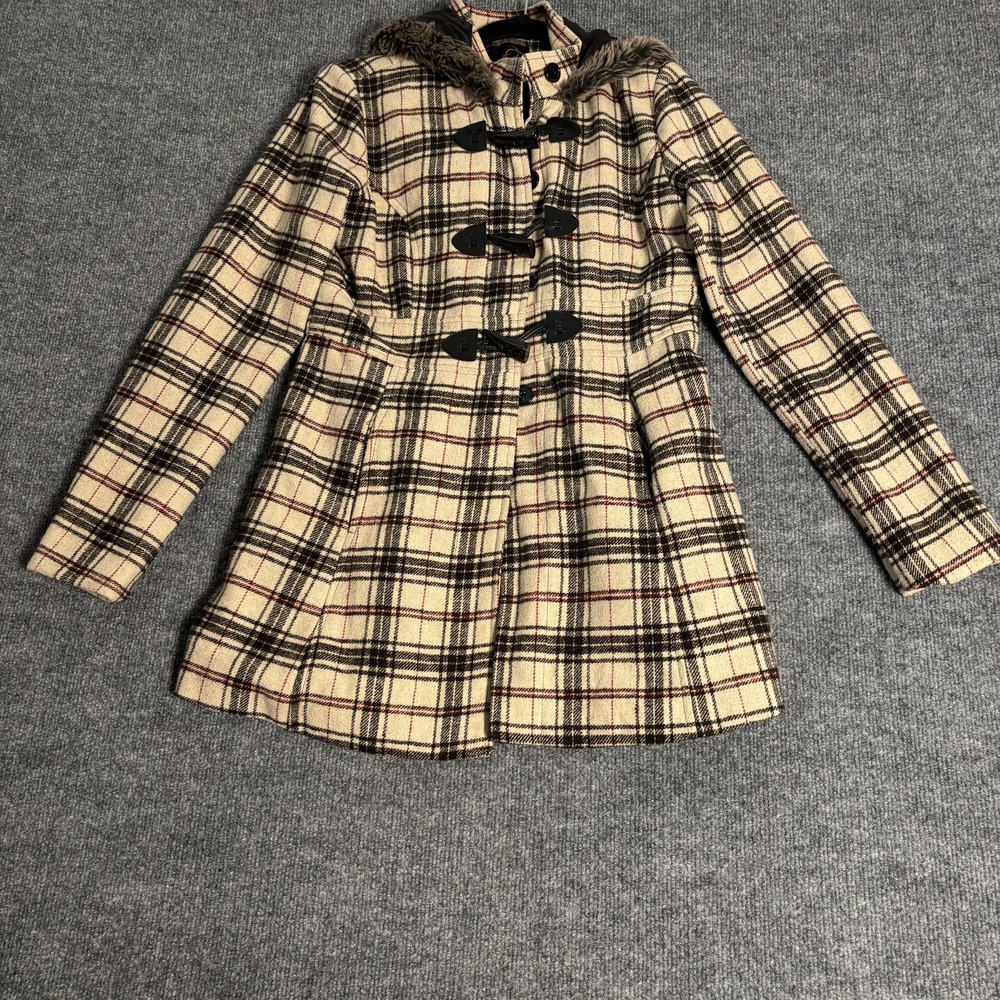 Say What Girls Plaid Toggle Coat Hooded Faux Fur Trim Wool Blend Cream Black L